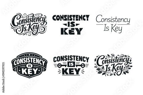 Consistency Is Key. Set lettering. harmonious lettering variations of the same emblematic concept, each with different artistic interpretation (Whimsical curly