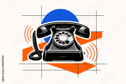 Black and white retro rotary telephone centered as main object, white outline cut-out effect around the device, bold cobalt blue circle behind the phone