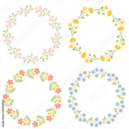 Round floral frame set with colorful spring flower wreath and branch