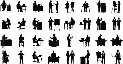 Diverse collection of business people silhouettes working at desks, using laptops, and giving presentations cad drawing flat vector illustration for office