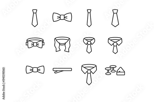 Tie and bow tie. Line icon set of Tie and bow tie: necktie classic, bow tie classic, skinny tie, wide tie, pre tied bow tie, self tie bow tie, tie knot simple,
