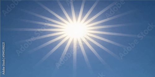 Bright sun with rays of light and a burst of golden flare shines through white clouds in a clear blue summer sky for a beautiful nature background