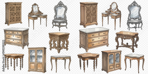 Collection of antique wooden furniture pieces with ornate details and elegant designs, including dressers, tables, and cabinets.