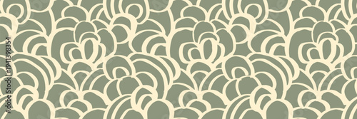 Seamless abstract vector pattern with layered rounded shapes and flowing curved lines in soft sage green and beige tones. Modern organic design ideal for textiles, wallpaper, packaging, and decor