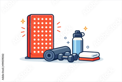 Red light therapy fad as a luxury wellness trend depicted by a sleek red-glowing panel beside minimal fitness accessories, suggesting premium self-optimization