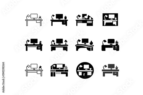 Setting up a home office. Icon set. Set Logo of Setting up a home office: desk. harmonious logo variations of the same emblematic concept, each with different