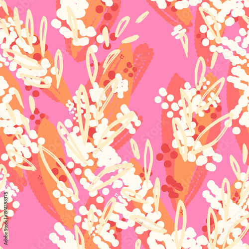 Abstract seamless vector pattern with hand drawn leaves, dots and organic shapes in pink, coral and beige tones. Modern floral background for fabric, wallpaper, textile design