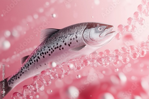 Fresh Salmon Fish Swimming Through Pink Bubbles on Pink Background. The Concept of Using PDRN Salmon DNA in Cosmetics and Facial Care Procedures.
