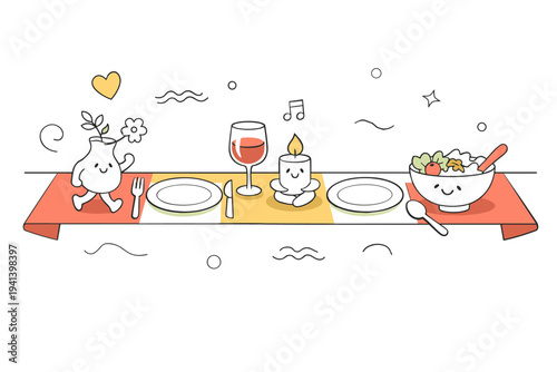 Dining table decor. Stylish table runner stretching across the table, plates and cutlery hinted with simple shapes, soft decorative elements floating around.