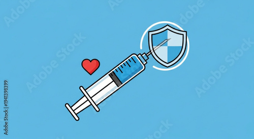 Medical syringe injecting shield with heart symbol on blue background representing health protection and vaccination