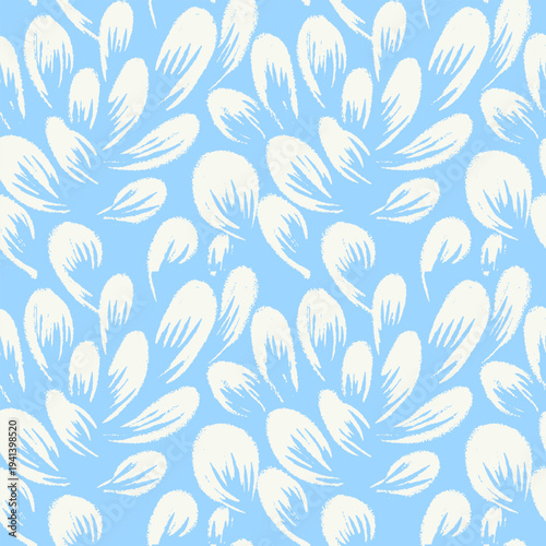 Seamless abstract vector pattern with white hand painted leaves on soft blue background. Minimal organic brush strokes create airy modern texture for textile and decor