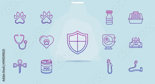 Veterinary icons with animal paw prints stethoscope vaccination carrier and more
