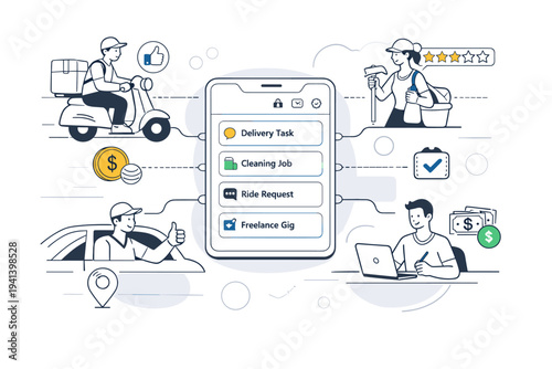 Platform-based work. Central app interface with multiple task cards branching out to workers, icons like ratings and payments floating. Clean, structured view