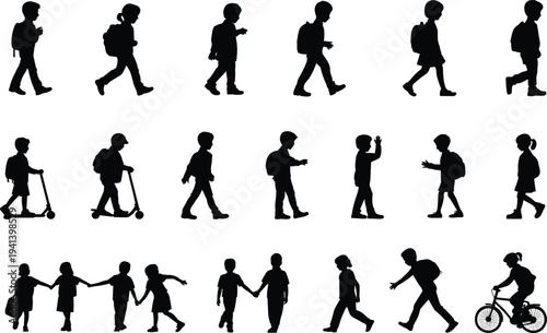 Set of black silhouettes featuring school children walking, riding bicycles, using scooters, and carrying backpacks for education and childhood design concepts