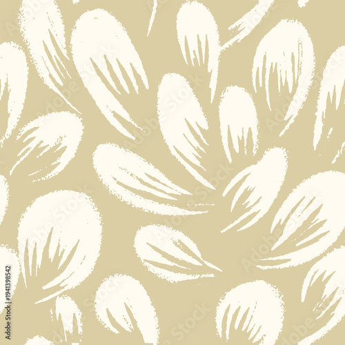 Seamless vector pattern with abstract hand drawn leaves in soft beige and cream tones. Organic brush textures and simple botanical shapes create a modern natural decorative background