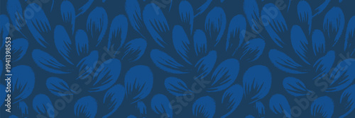 Seamless vector pattern with abstract blue brush leaves on dark navy background. Modern hand painted style repeat texture for textile, wallpaper and surface design