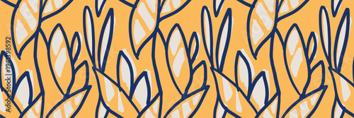 Seamless vector pattern with stylized abstract leaves outlined in dark blue on a warm mustard background. Modern botanical shapes with flat textures create a bold decorative design