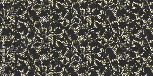 Seamless vector with dotted botanical branches in beige on dark background. Abstract organic texture with scattered circles. Elegant decorative design for textile and decor