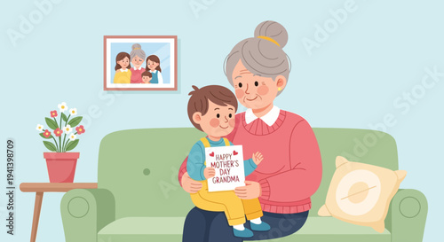Grandmother and grandchild in a cozy interior scene celebrating