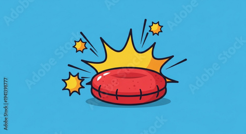 Vibrant red boxing punch bag with dynamic yellow explosion and motion lines on blue background symbolizing energy and action