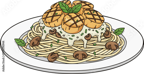 Spaghetti Carbonara with Grilled Scallops