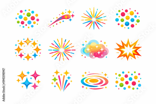 Fireworks Effects. Colorful flat vector icons set of fireworks effects: glowing particles, sparkle trails, light rays, shimmer dots, explosion rings, radiant