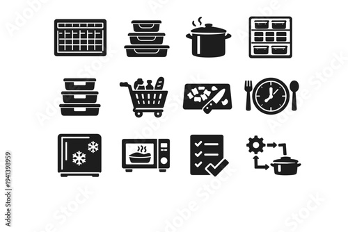 Weekly Meal Prep. Solid icon set of Weekly Meal Prep: weekly planner board, meal prep containers set, batch cooking pot, fridge organized meals, labeled food