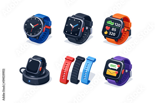 Smartwatch. Isometric flat vector icons set of smartwatch: round smartwatch face, square smartwatch face, smartwatch with fitness stats, smartwatch charging