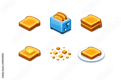 Toast. Isometric flat vector icons set of toast: golden crispy toast slice, toaster appliance, toast stack, butter melting on toast, toast crumbs scatter,