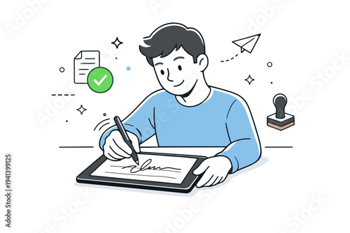 Approval and signing workflows. Person signing digitally on a tablet with a stylus, smooth and confident motion. Friendly, modern alternative to paper signing.