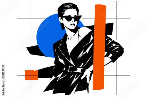 Half-body black and white fashion figure in a dynamic pose wearing angular sunglasses, bright blue circular halo partially cropped behind the shoulder, vivid