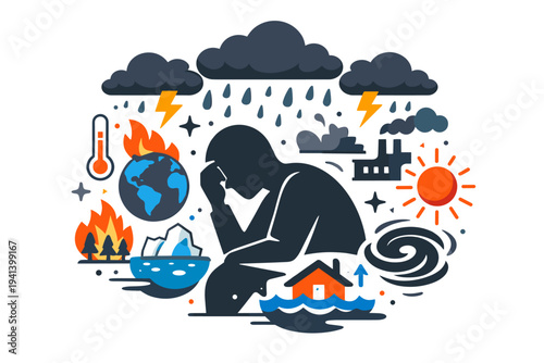 Climate reporting burnout expressed through a journalist silhouette surrounded by repeated climate icons and heavy clouds, conveying emotional fatigue,