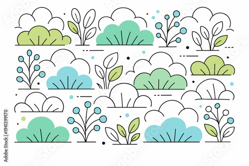 Abstract shrub pattern. Repeating shrub-inspired shapes forming a calm decorative composition, organic rhythm and balance. Clean and spacious visual flow.