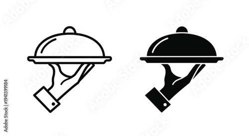 A hand presenting a covered dish shown in contrasting styles silhouette