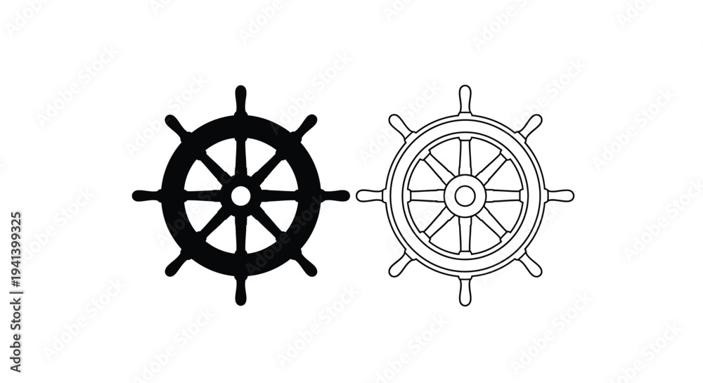 Fototapeta premium Two ship wheels depicted in contrasting black and white a silhouette