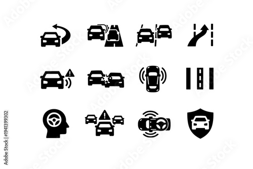 Lane Change Assistance. Solid icon set of Lane Change Assistance: car changing lanes, blind spot check icon, adjacent lane vehicle, safe lane change arrow,