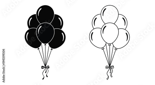 Black and white balloon clusters create a celebratory graphic silhouette