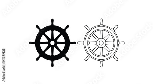 Two ship wheels depicted in contrasting black and white a silhouette