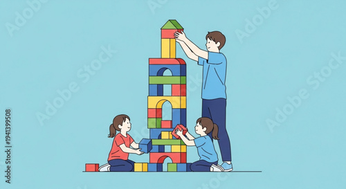 Family building a tall colorful block tower together on the floor with a happy father assisting children