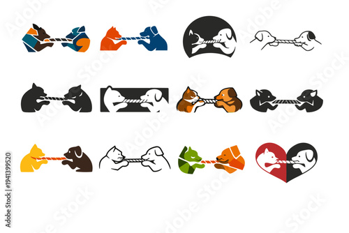 Pets playing with toys. Icon set. Set Logo of pets playing with toys: pet tug-of-war rope. harmonious logo variations of the same emblematic concept, each with