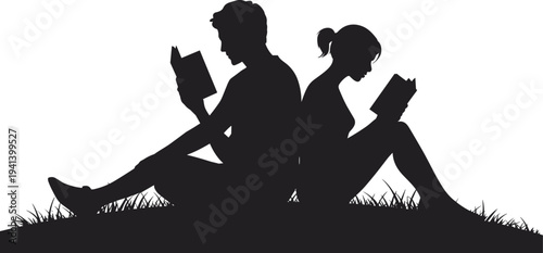 Silhouette of a young man and woman sitting back to back on grass reading books isolated on a white background vector.