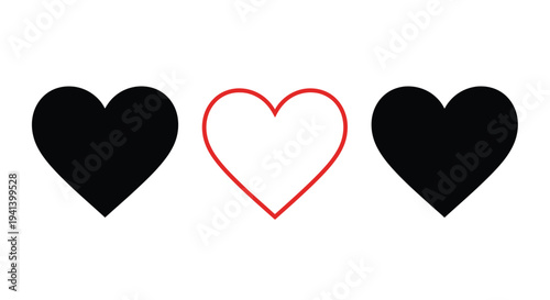 Three hearts two black and one red in a simple design silhouette