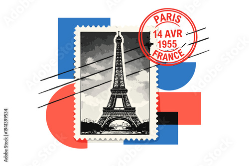 Black and white vintage postage stamp featuring the Eiffel Tower as central cut-out image, bold red circular postmark overlapping the corner, flat blue and