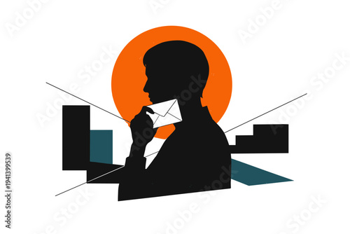 Side view of a black-and-white thoughtful person silhouette holding an envelope near the chin, large orange circle behind the head symbolizing reflection,
