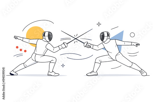 Fencing practice. Two fencers facing each other in classic stance, thin swords crossing lightly, abstract motion lines showing precision. A focused and elegant