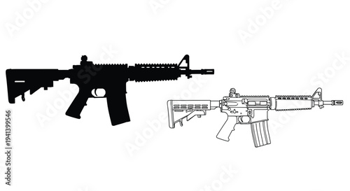 Detailed illustration of an ar 15 rifle in contrasting styles silhouette
