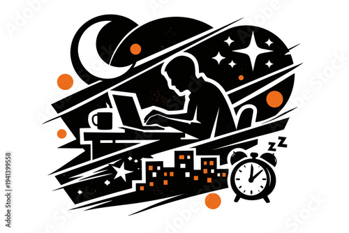 A black and white silhouette working at a desk surrounded by abstract night symbols, layered collage composition with strong white outline, diagonal lines,