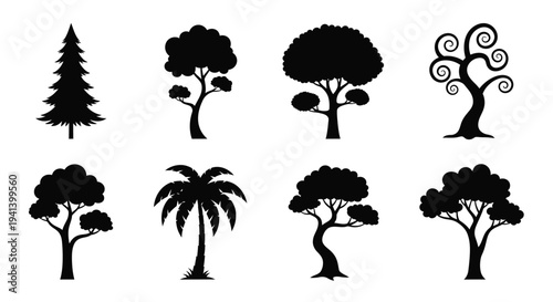 Collection of diverse tree shapes in a stark black silhouette