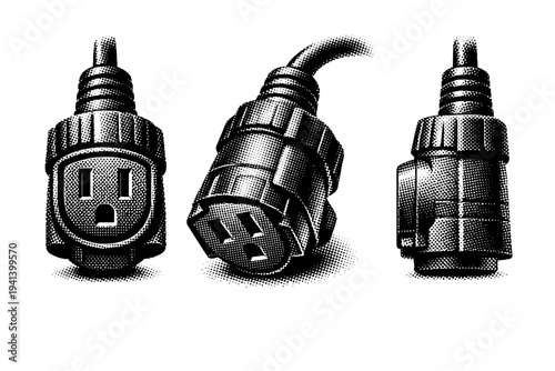 Outdoor extension cord end A rugged outdoor extension cord end with thick insulation, textured grip, and weather-resistant form shown from front, angled, and