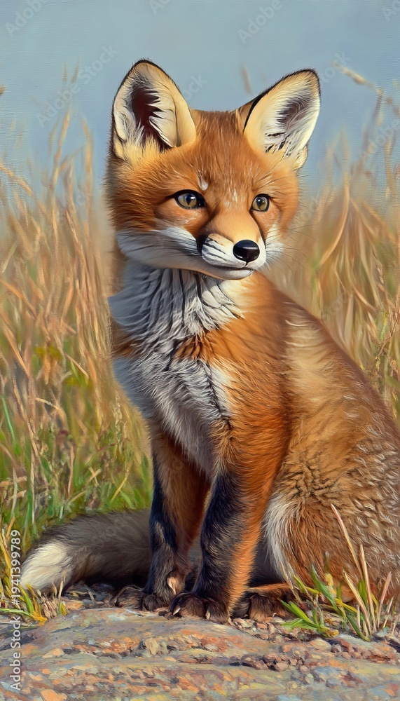 Obraz premium Charming Portrait of a Young Fox Curiously Exploring a Lush Green Grassland in Springtime Light
